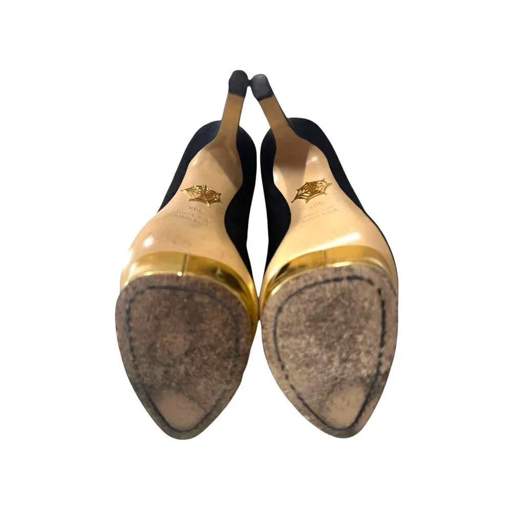 Charlotte Olympia Dolly Platform Pumps, Black Suede-Gold Leather, 38.5 EU